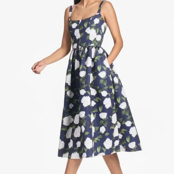 Sachin & Babi Navy Blue Olena Floral Mikado Midi Cocktail Dress